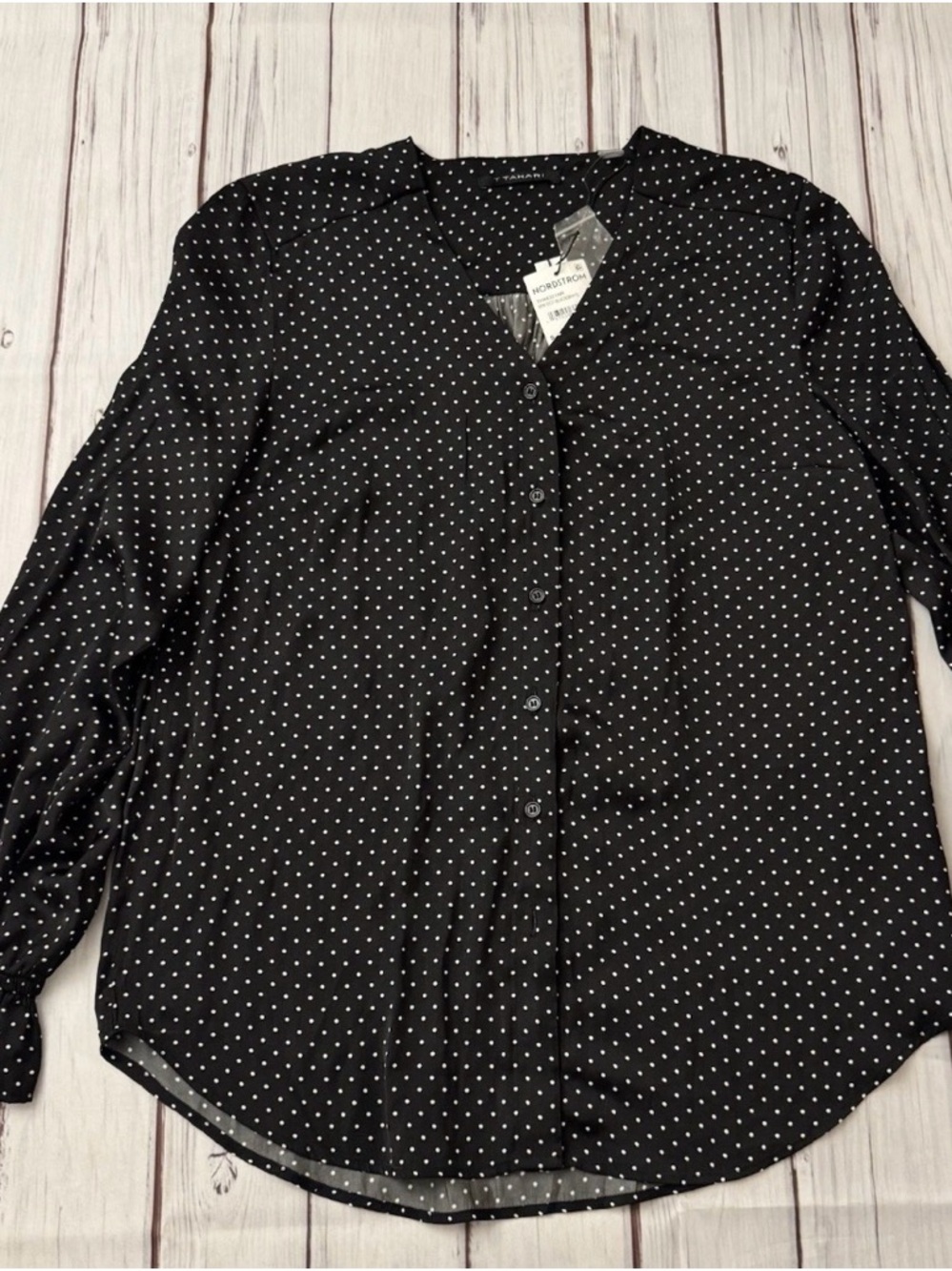 T Tahari Black Blouse with White Polka Dots